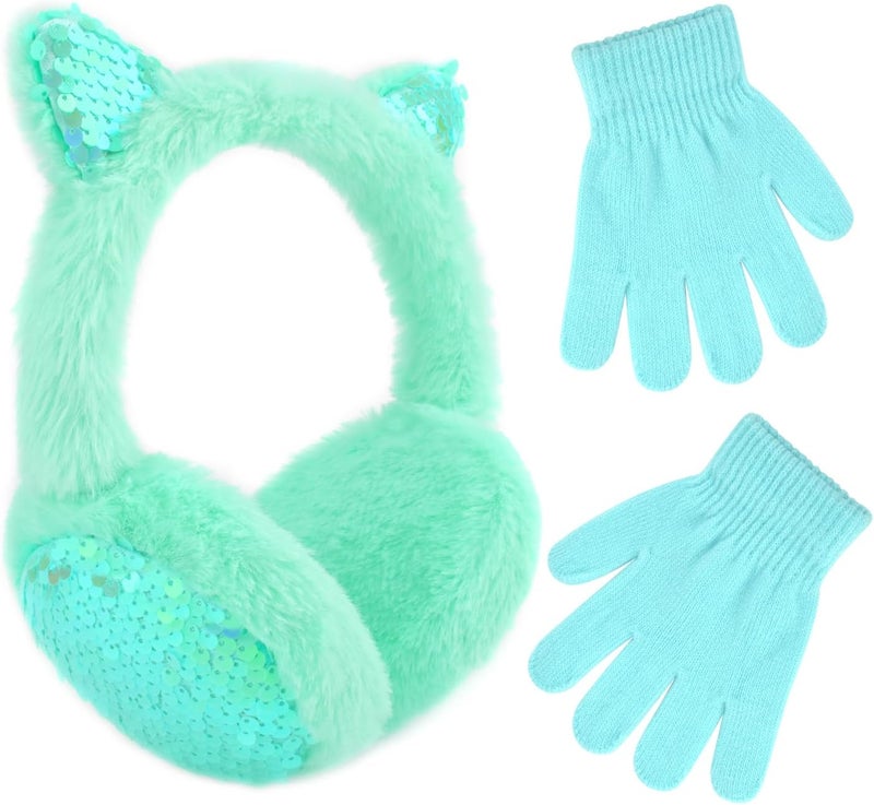 EDCYF Ear Muffs Gloves Set for Kids Girls Winter Ear Muffs Adjustable Sequins Warm Earmuffs Furry Outdoor - Image 1